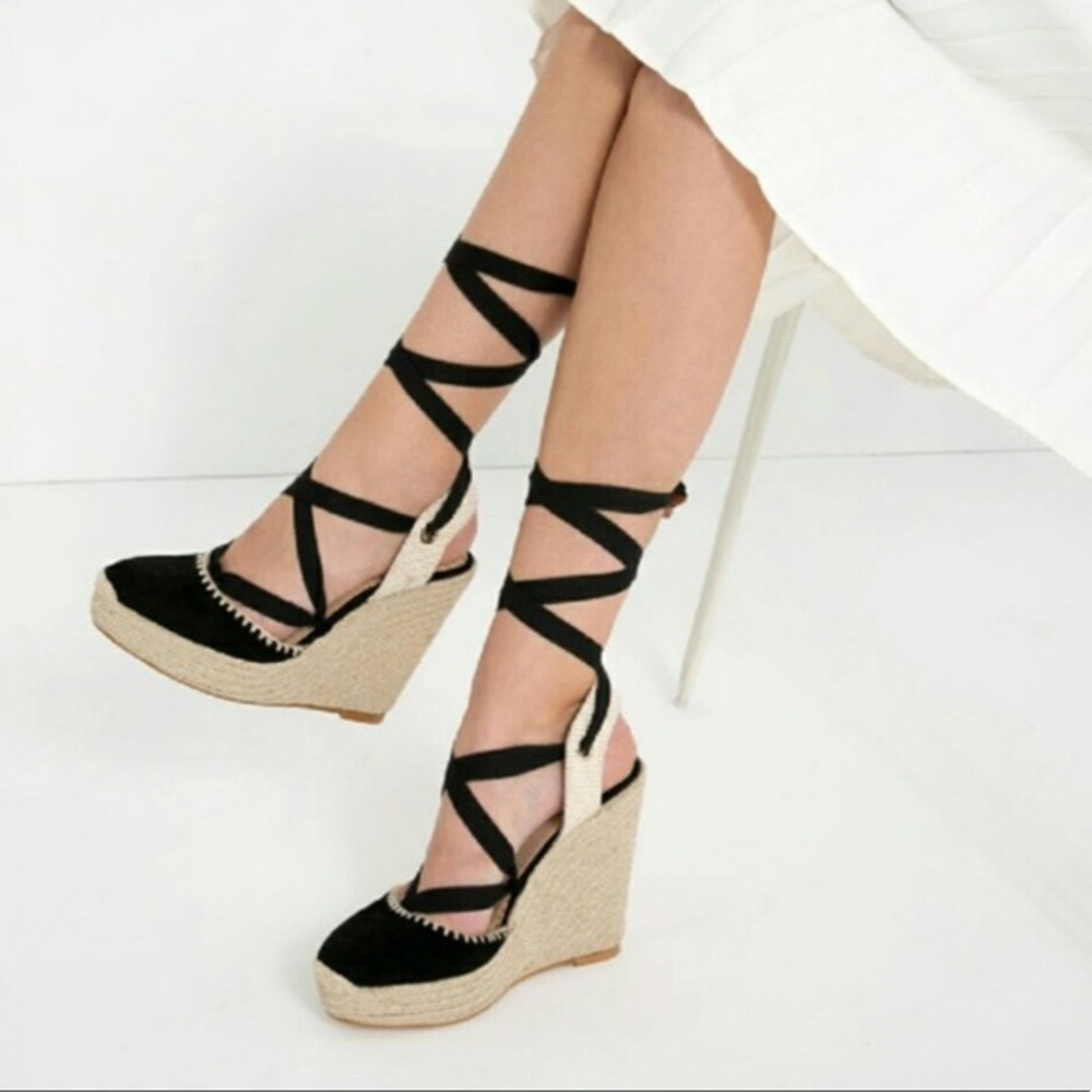 Black Zara summer espadrille wedge lace up heels 7.5